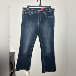 V. Cristina Dark Blue Jeans Embellished Back Pocket Slight Flare Flap Pocket 14